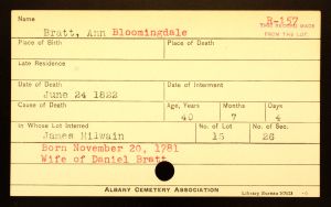 Bratt, Ann (Bloomindale) - Menands Cemetery Burial Card