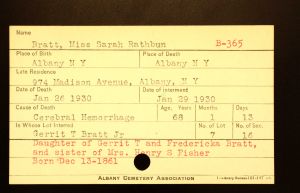 Bratt, Miss Sarah Rathbun - Menands Cemetery Burial Card