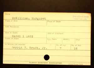 McWilliam, Margaret - Menands Cemetery Burial Card
