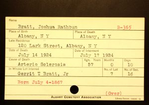 Bratt, Joshua Rathbun - Menands Cemetery Burial Card