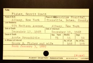 Fisher, Gerrit Bratt - Menands Cemetery Burial Card