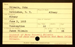 Milwain, John - Menands Burial Card