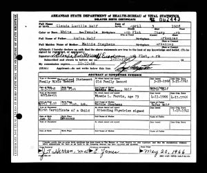 Birth Ash Flat, Arkansas 3 Apr 1908 Glenda Lucille Wolf