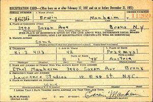 Manheim, Erwin WW2 Registration (front) Manheim, Erwin WW2 Registration (front)